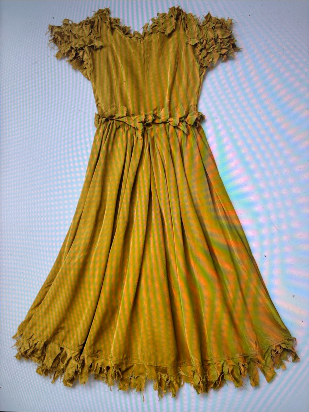 Samantha pleat Mustard Ruffle raw Hem Dress silk gold women’s 6